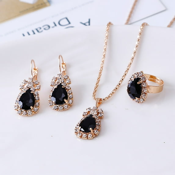 OPOLSKI Jewelry Set Eye-catching Easy Matching Women Waterdrop Shiny Rhinestone Necklace Ring Earrings Dark Purple