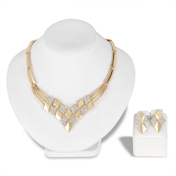 OPOLSKI KC Gold Plated Rhombus Shape Necklace Earrings Rhinestones Jewelry A
