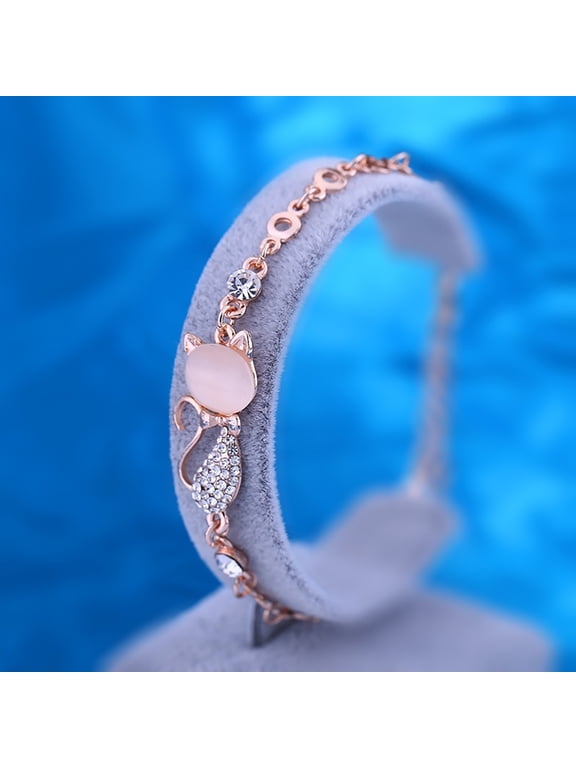 Ladies Lovely Cat Pendant Opal Rhinestone Bangle Bracelet Chain Jewelry A
