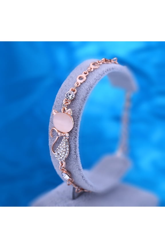 Ladies Lovely Cat Pendant Opal Rhinestone Bangle Bracelet Chain Jewelry A