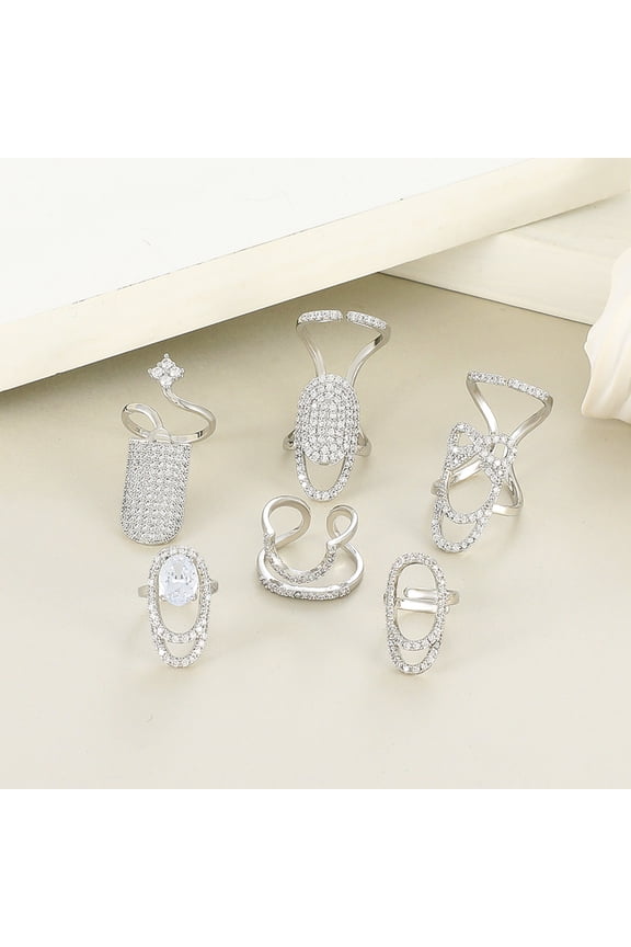 Nail Ring Hollow Shiny Rhinestone Inlaid Sparkling Adjustable Opening Geometric Manicure Joint Ring Silver B