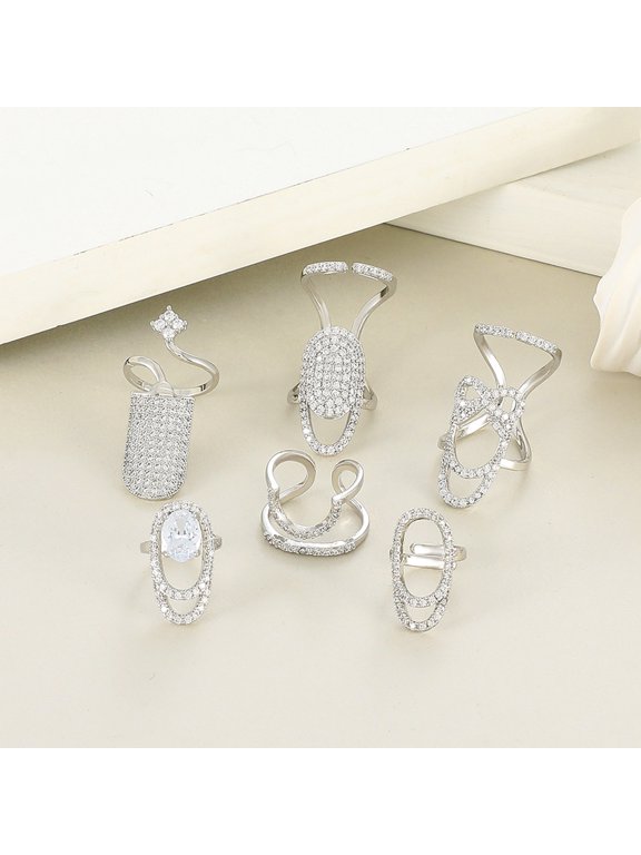 Nail Ring Hollow Shiny Rhinestone Inlaid Sparkling Adjustable Opening Geometric Manicure Joint Ring Silver E