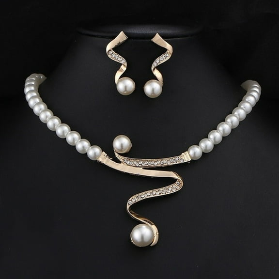 OPOLSKI Rhinestone Faux Pearl Beaded Necklace Stud Earrings Jewelry Set Golden