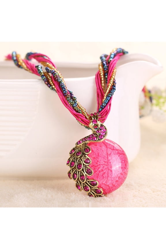 Rhinestone Inlaid Peacock Round Faux Opal Pendant Necklace Black