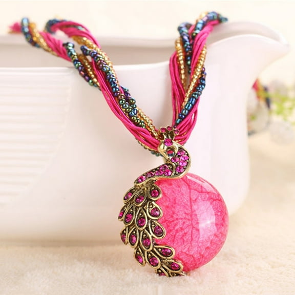 OPOLSKI Rhinestone Inlaid Peacock Round Faux Opal Pendant Necklace Dark Purple