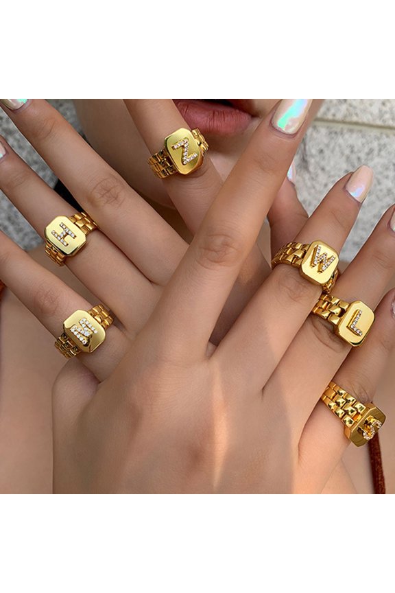 Ring Wide Opening Adjustable Rhinestone 26 Letters Finger Ring Jewelry T
