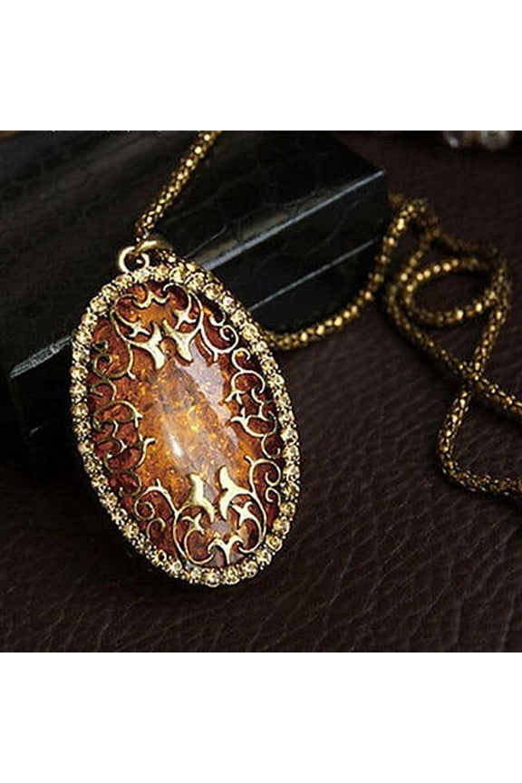 Vintage Amber Tone Hollow Long Chain Drop Pendant Sweater Necklace Antique Golden