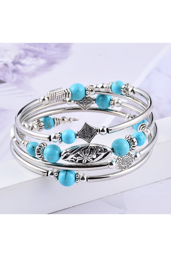 Women Bangle Natural Stones Ethnic Multi Layered Retro Blue Turquoise Beads Wrap Bracelet B