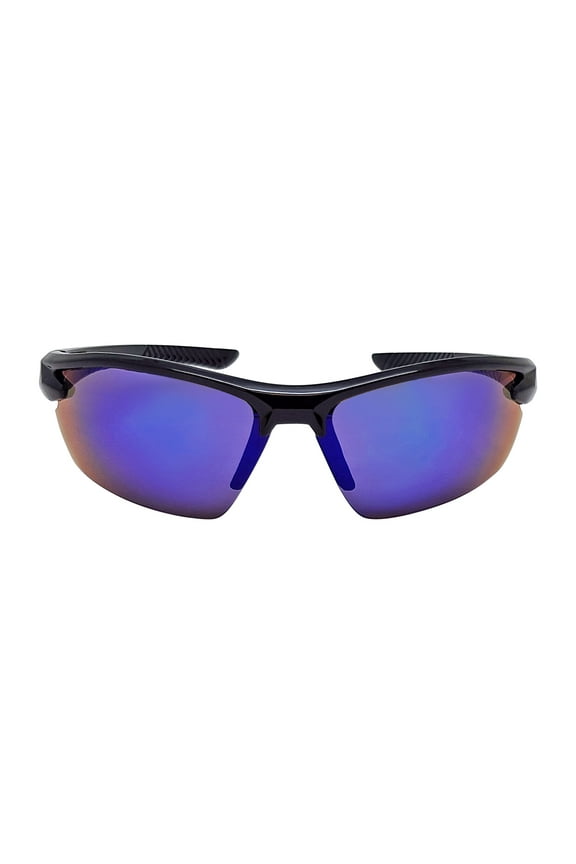 Mens Plastic Sports Wrap Black Frame Blue Mirror Lens Sunglasses