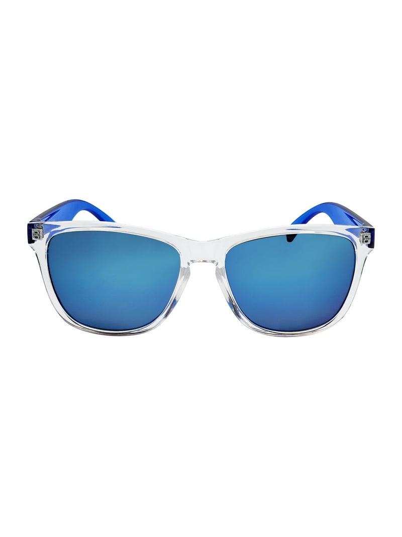 Mens Plastic Wayfarer Clear Frame Blue Mirror Lens Sunglasses