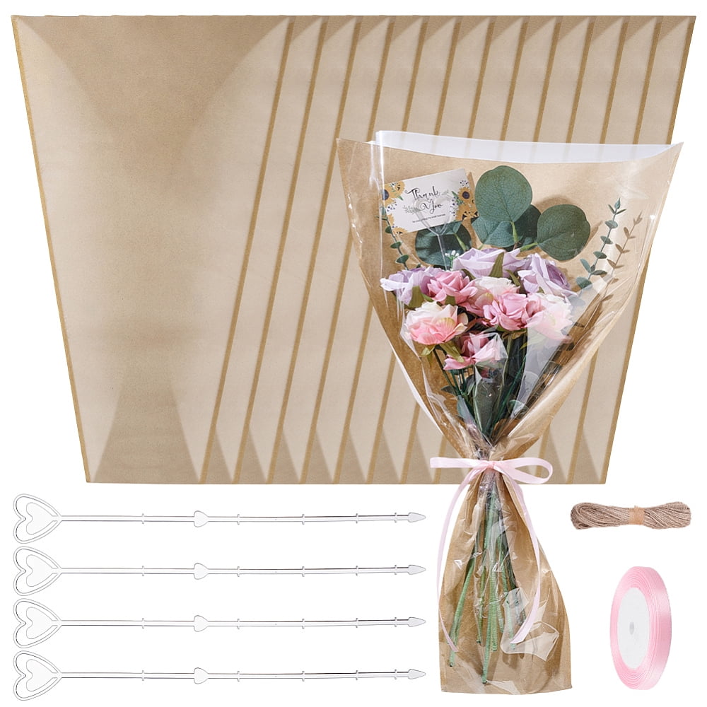 OPP Plastic Paper Single Flower Gift Bags Sets include Heart Shaped Resin Floral Pick Card Holder Jute Cord Polyester Ribbon Mixed Color