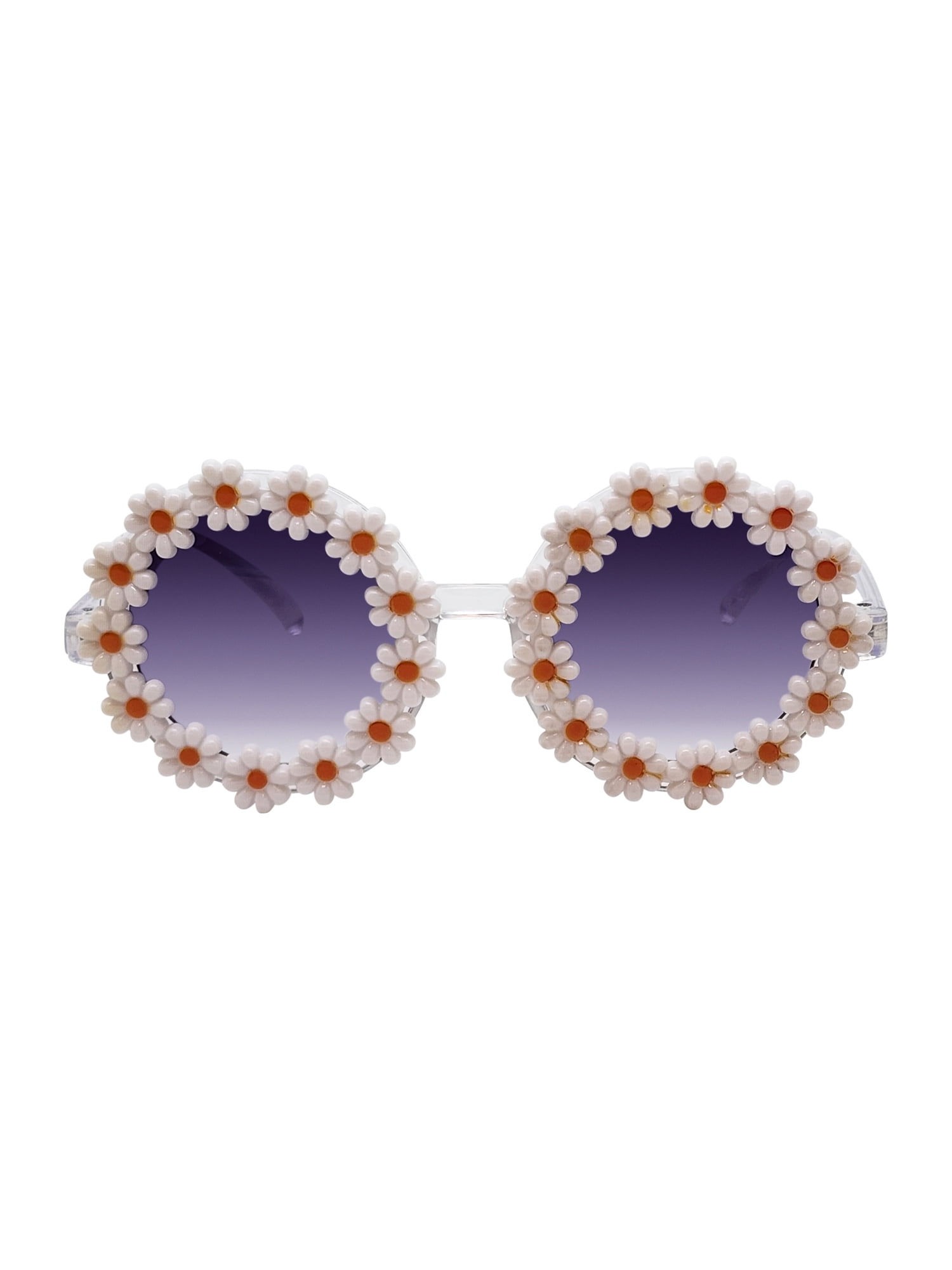 Kids Plastic Floral Round Clear Frame Smoke Lens Sunglasses