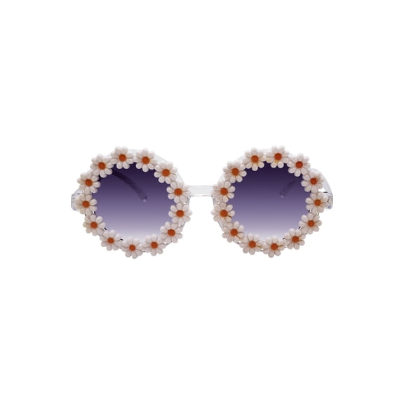 Kids Plastic Floral Round Clear Frame Smoke Lens Sunglasses