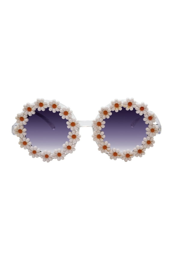 Kids Plastic Floral Round Clear Frame Smoke Lens Sunglasses