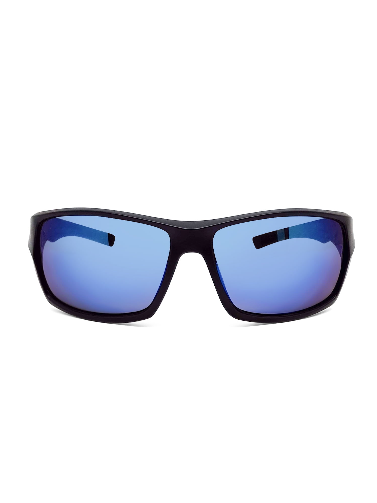 Mens Plastic Sports Wrap Black Frame Blue Mirror Lens Sunglasses