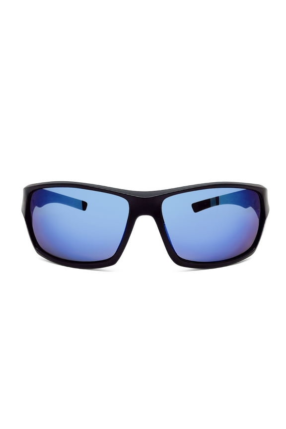 Mens Plastic Sports Wrap Black Frame Blue Mirror Lens Sunglasses