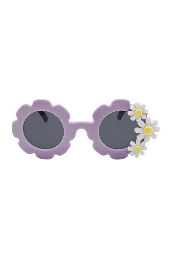 Kids Plastic Floral Round Purple Frame Smoke Lens Sunglasses