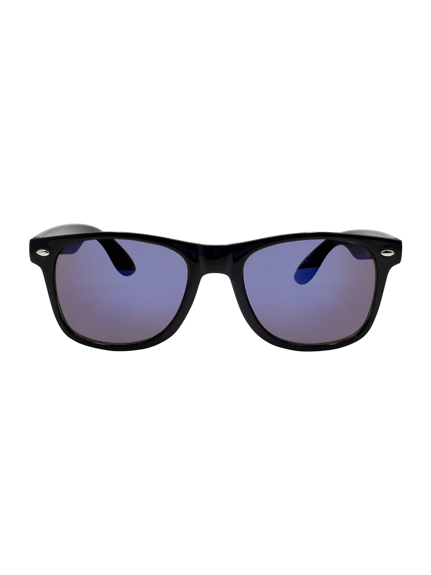 Mens Plastic Wayfarer Black Frame Blue Mirror Lens Sunglasses