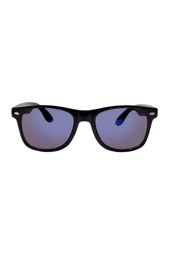 Mens Plastic Wayfarer Black Frame Blue Mirror Lens Sunglasses