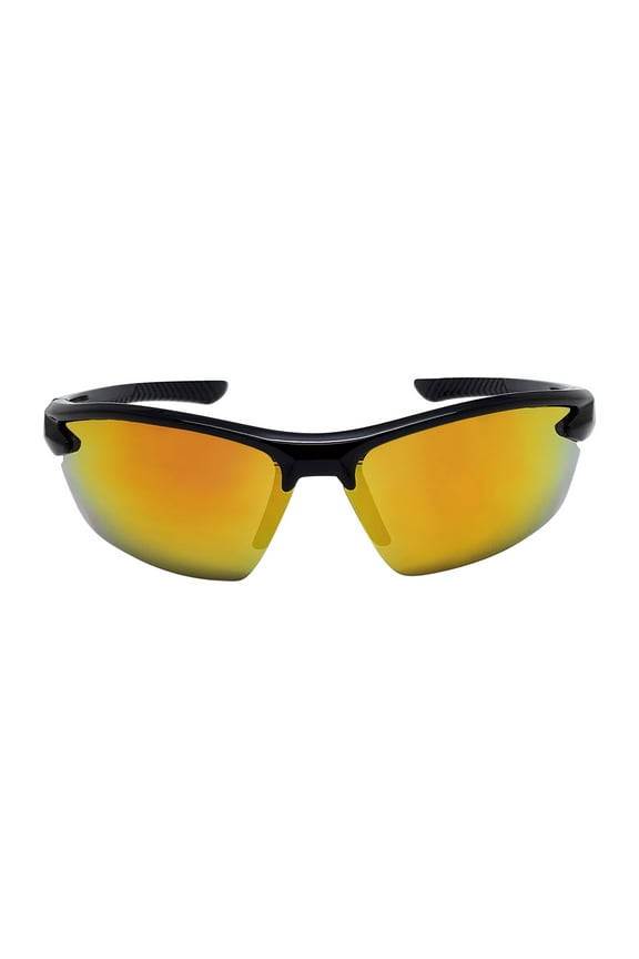 Mens Plastic Sports Wrap Black Frame Yellow Mirror Lens Sunglasses