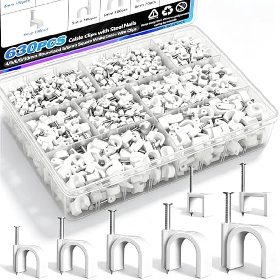 OPPERD 630PCS Cable Clips with Steel Nails,4/5/6/8/10mm Round and 5/6mm Square White Cable Wire Clips,Wall Clips for Cords,Cable Cord Clips for RG6 RG59 CAT6 RJ45