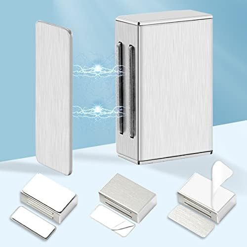 OPPERD No Drill Adhesive Magnetic Door Catch - 17lb Holding Force, Cabinet Magnets for Kitchen, Cupboard & Drawer Closure, Self-Stick Stainless Steel Latch (4 Pack Silver)