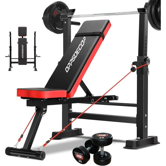 OPPSDECOR 600LBS 6 in 1 Weight Bench Set, Adjustable Bench Press Set and Squat Rack, Foldable Workout Benches for Home Gym, Incline Decline Flat Sit Up Strength Training Bench