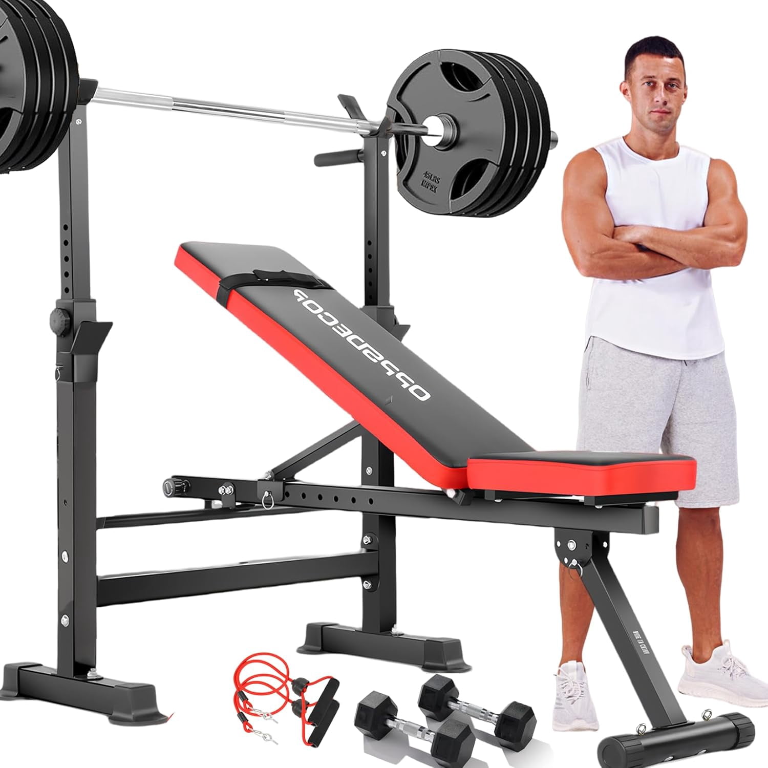 OPPSDECOR Adjustable Weight  Set with Squat Barbell Rack,Removable Foot Bracket, 600lbs 6 in 1 Weight , Foldable Workout  for Full Body Exercise Home Gym MTY-1318  Press