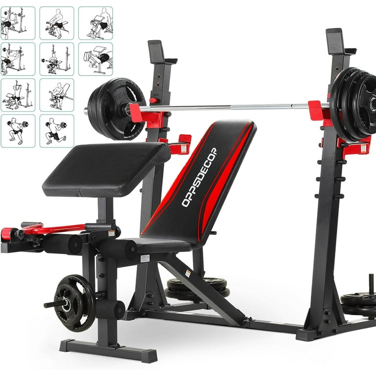 OPPSDECOR Professional Weight Bench Set with Barbell Squat Rack 900LBS Heavy Duty Bench Press Set with Leg Curl Extension and Preacher Curl Adjustable Full Body Workout Bench for Home Gym Fitness Walm...
