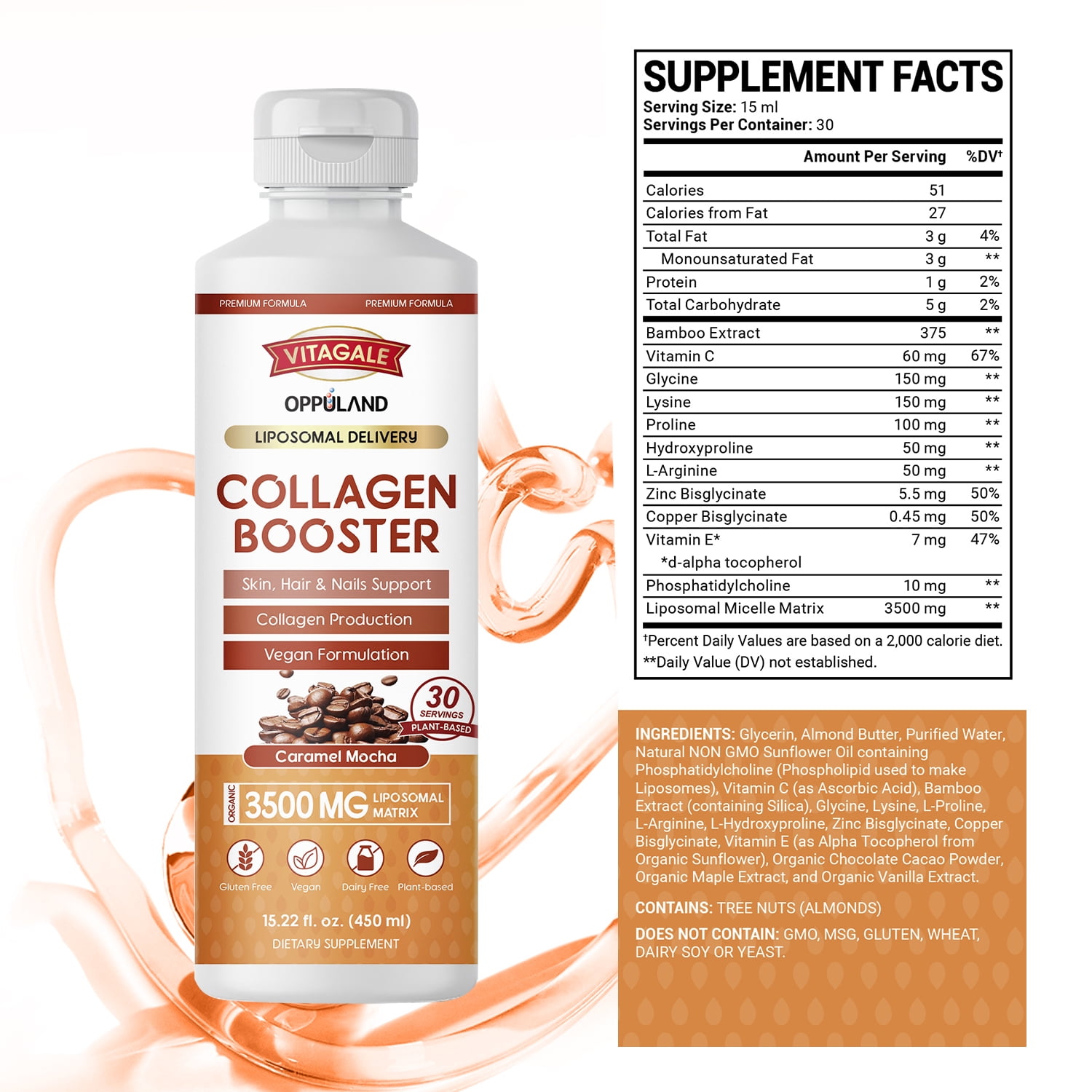 OPPULAND Collagen Booster 450ML Caramel Mocha Flavored Plant Based Vegan Supplement | Supportive of Healthier Skin, Hair & Nails with Vitamin C | No GMO | Dairy Free | Gluten Free