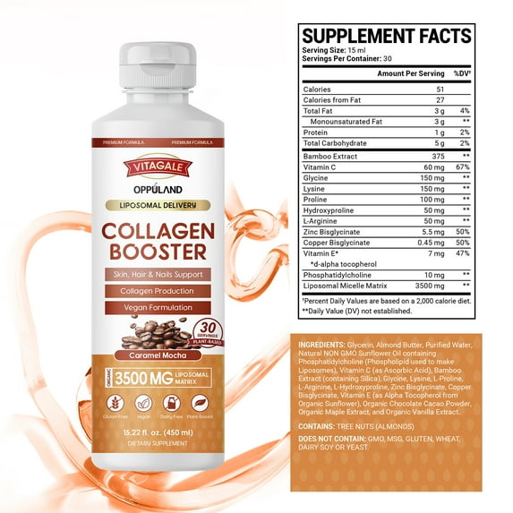 OPPULAND Collagen Booster 450ML Caramel Mocha Flavored Plant Based Vegan Supplement | Supportive of Healthier Skin, Hair & Nails with Vitamin C | No GMO | Dairy Free | Gluten Free