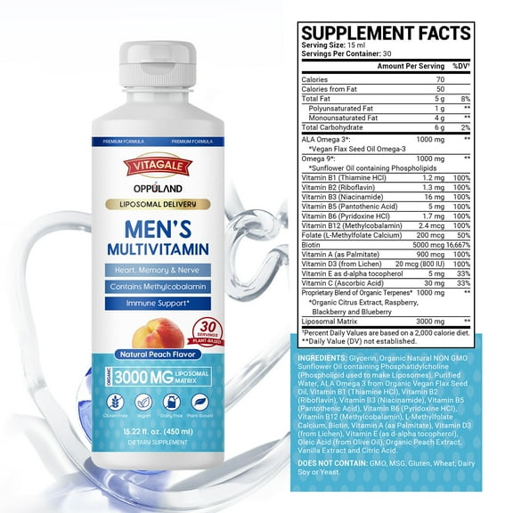 OPPULAND Mens Multivitamin 450ML of Natural Peach Flavored Supplement Increasing Heart, Memory, and Nervous System, with Omega 3, Liposomal, and 5000MCG of Biotin for Healthy Hair