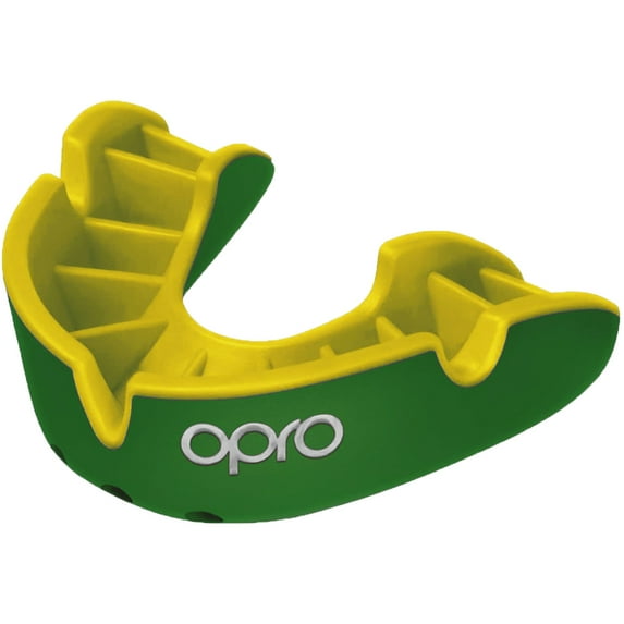 OPRO Junior Silver Level Self-Fit Antimicrobial Mouthguard - Green/Gold