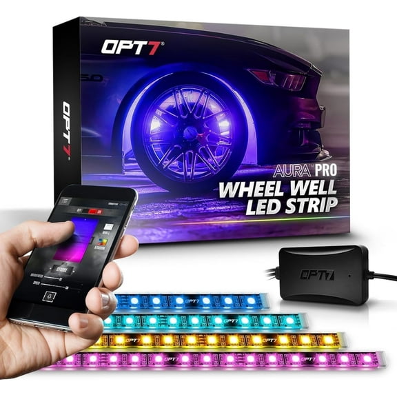 OPT7 Aura Pro Wheel Well Lights Kit with APP & Remote Control, 4pc 24" Waterproof LED Strips, Music Sync, RGB Multi-Color Modes Neon Tire Rim Lights for Car Truck SUV Van