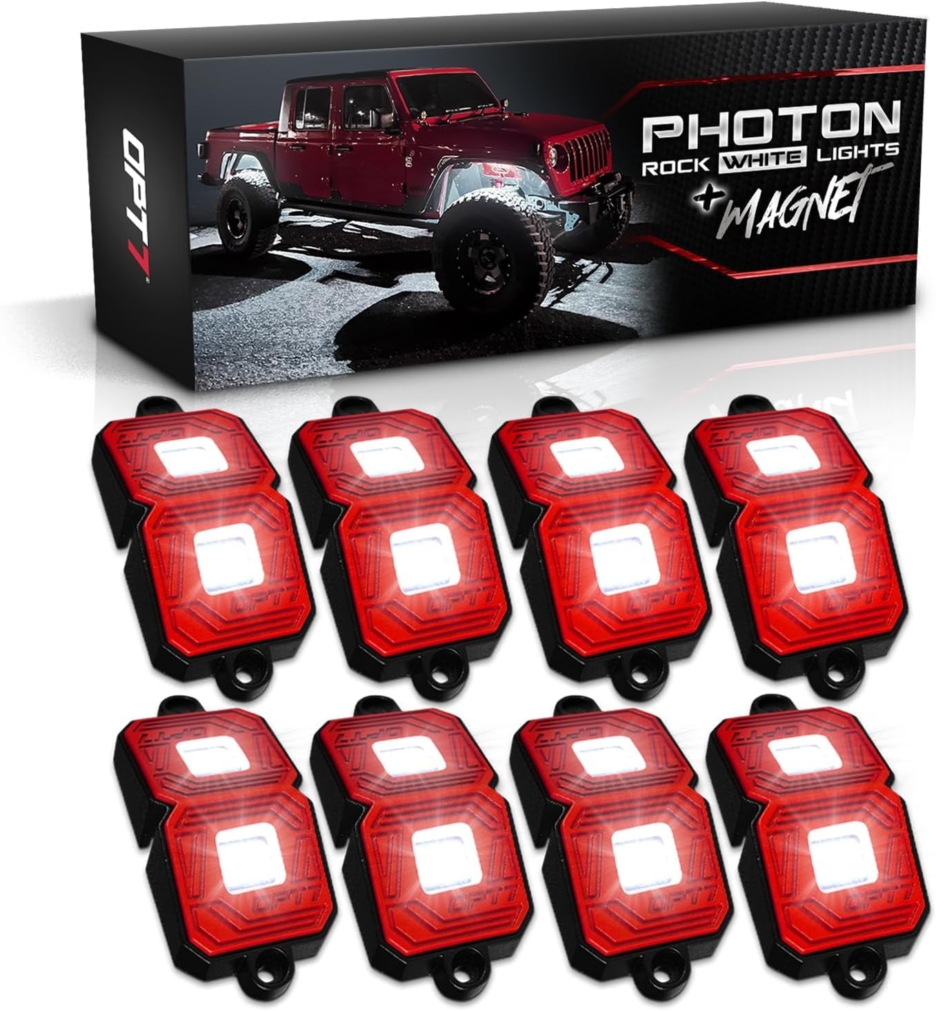 OPT7 Photon Pure White LED Magnet Rock Lights, 8 Pods Wide Angle Neon Underglow Lighting Kit with Extension Wire, IP68 Waterproof for Offroad Truck Jeep RZR ATV UTV SUV