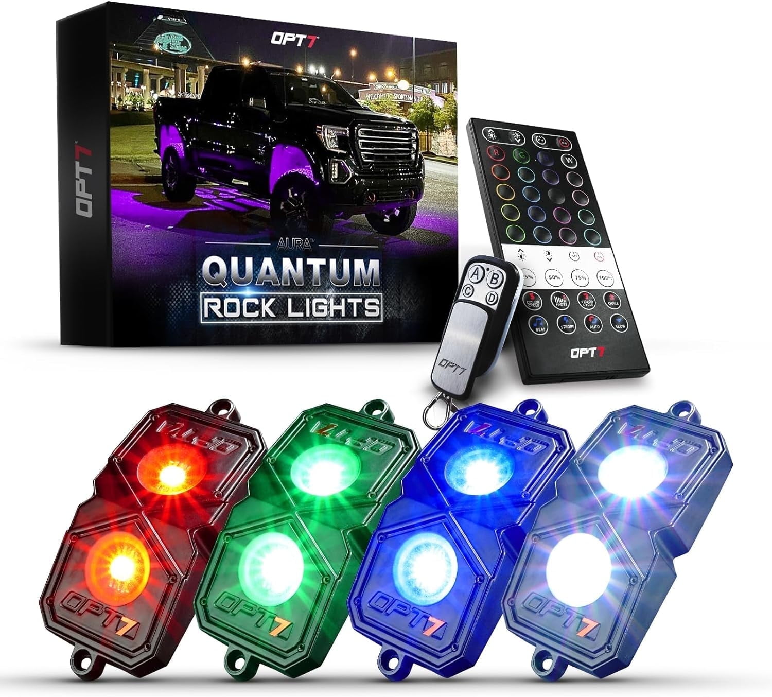 OPT7 Quantum RGBW LED Rock Lights with Remote Control, 4 Pods Wide Angle Multicolor Neon Underglow Lighting Kit with Extension Wire, IP68 Waterproof for Offroad Truck Jeep RZR ATV UTV SUV