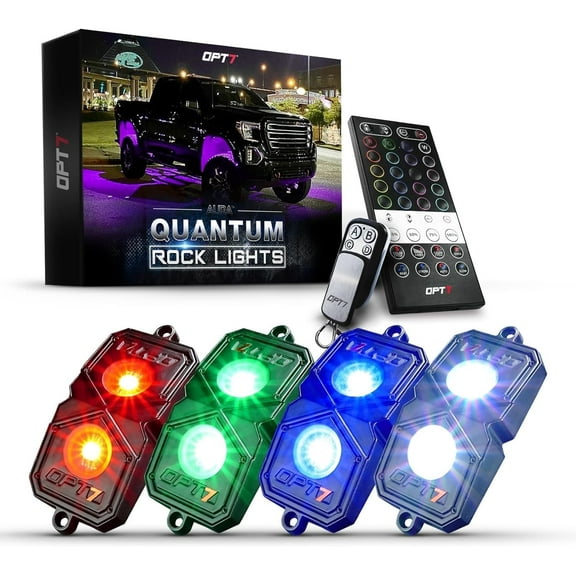 OPT7 Quantum RGBW LED Rock Lights with Remote Control, 4 Pods Wide Angle Multicolor Neon Underglow Lighting Kit with Extension Wire, IP68 Waterproof for Offroad Truck Jeep RZR ATV UTV SUV