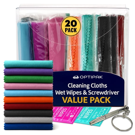 OPTIPAK Glasses Cleaning Kit 20 Count Microfiber Cleaning Cloth, Pre-Moistened Lens Wipes & Mini Screwdriver Eyeglass Cleaner Value Pack for Glasses, Sunglasses & Screens (Assorted Colors)