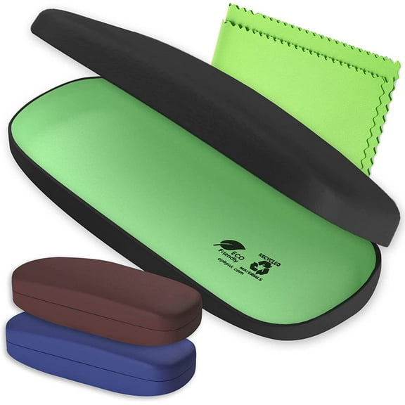 OPTIPAK Hard Shell Glasses Case - Eco Friendly Eyeglass Hard Case with Microfiber Cleaning Cloth - Brushed - 3Pk