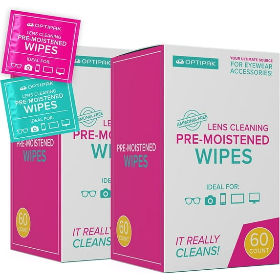 OPTIPAK Lens Wipes - Eye Glasses Wipes - Eyeglass Cleaner Wipes 2 Pack 60 Count