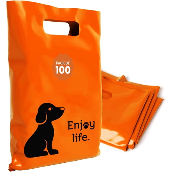 OPTIPAK Plastic Bags with Handles – 12x15 Merchandise Bags for Small Business, Die-Cut Retail Boutique & Shopping Bag, Goodie Bag & Trade Show Supplies – Enjoy Life (Pack of 100)