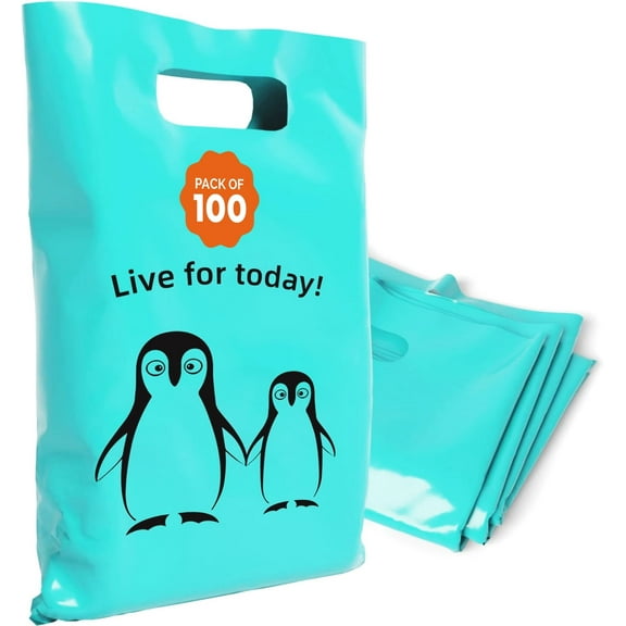 OPTIPAK Plastic Bags with Handles – 12x15 Merchandise Bags for Small Business, Die-Cut Retail Boutique & Shopping Bag, Goodie Bag & Trade Show Supplies – Live for Today (Pack of 100)