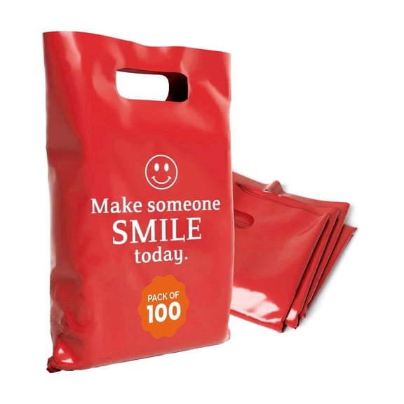 OPTIPAK Plastic Bags with Handles – 12x15 Merchandise Bags for Small Business, Die-Cut Retail Boutique & Shopping Bag, Goodie Bag & Trade Show Supplies – Make Someone Smile Today (Pack of 100)