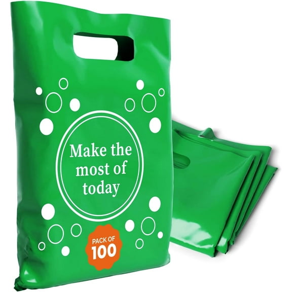 OPTIPAK Plastic Bags with Handles – 12x15 Merchandise Bags for Small Business, Die-Cut Retail Boutique & Shopping Bag, Goodie Bag & Trade Show Supplies – Make the most of today (Pack of 100)