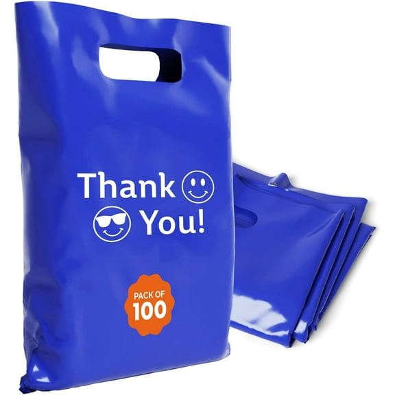 OPTIPAK Plastic Bags with Handles – 12x15 Merchandise Bags for Small Business, Die-Cut Retail Boutique & Shopping Bag, Goodie Bag & Trade Show Supplies – Thank You (Pack of 100)