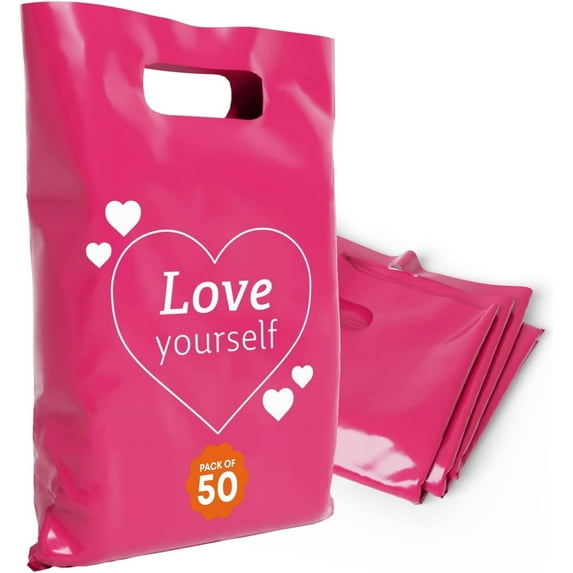 OPTIPAK Plastic Bags with Handles 16x18 Merchandise for Small Business,Die-Cut Retail Shopping & Boutique Bags,Gifts and Adult Goodie Bag,Vendor Event and Tradeshow Supplies,Love Yourself