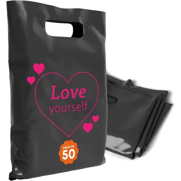 OPTIPAK Plastic Bags with Handles 16x18 Merchandise for Small Business,Die-Cut Retail Shopping & Boutique Bags,Gifts and Adult Goodie Bag,Vendor Event and Tradeshow Supplies,Love Yourself