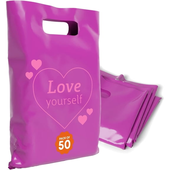 OPTIPAK Plastic Bags with Handles 20x22 Merchandise for Small Business,Die-Cut Retail Shopping & Boutique Bags,Gifts and Adult Goodie Bag,Vendor Event and Tradeshow Supplies,Love Yourself