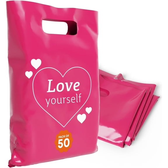 OPTIPAK Plastic Bags with Handles 20x22 Merchandise for Small Business,Die-Cut Retail Shopping & Boutique Bags,Gifts and Adult Goodie Bag,Vendor Event and Tradeshow Supplies,Love Yourself
