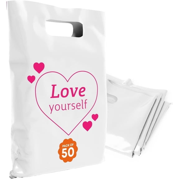 OPTIPAK Plastic Bags with Handles 20x22 Merchandise for Small Business,Die-Cut Retail Shopping & Boutique Bags,Gifts and Adult Goodie Bag,Vendor Event and Tradeshow Supplies,Love Yourself